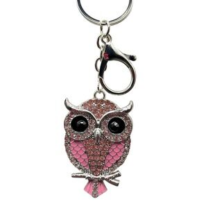 Pink Rhinestone Owl Keychain Silver Tone Crystal Bird Bag Charm Accessory
